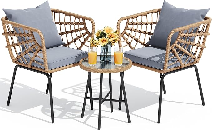 YITAHOME Wicker 3-Piece Outdoor Bistro Set, All-Weather Patio Conversation Set for Balcony, Backyard, Pool, Porch, Deck, Outdoor Sectional Furniture Set with Table & Cushions - Grey - LeafyLoom