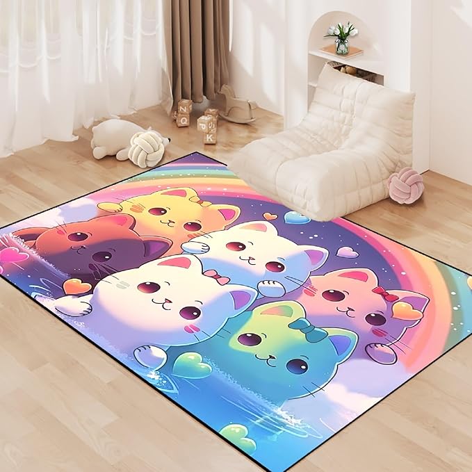 Rainbow Cat Rug for Girls - Colorful Cat Rug for Kids Bedroom Cute Cartoon Cat Pattern Rug Lovely Cat Rugs Room Decor Anime Cat Area Rug, 5x7 Feet - LeafyLoom