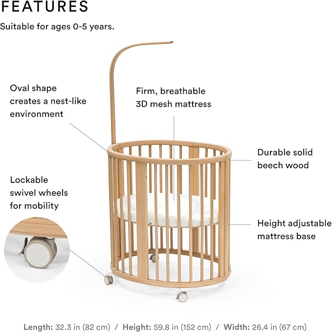 Stokke Sleepi Mini Bundle, Natural - includes Crib/Bed, Mattress & Drape Rod - Suitable for Ages 0-5 Years Old - Adjustable & Stylish - LeafyLoom