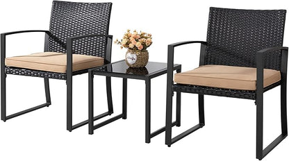 Shintenchi 3 Pieces Outdoor Patio Furniture Set, Modern Wicker Bistro Set, Conversation Rattan Chair of 2 with Coffee Table for Yard Porch Poolside Lawn(Khaki Cushion) - LeafyLoom