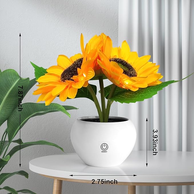 Rechargeable Sunflower Table Lamp - LED Artificial Flowers Desktop Lamp Night Light with Porcelain Vase, Cordless Touch Lamp for Bedroom Living Room Desk Decor, Birthday Gift for Her Girl Mom - LeafyLoom