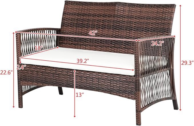 Outvita 4 Pieces Patio Furniture Set, Rattan Conversation Sets with Loveseat Soft Cushion and Glass Table for Garden Backyard Balcony Porch Poolside (Brown) - LeafyLoom