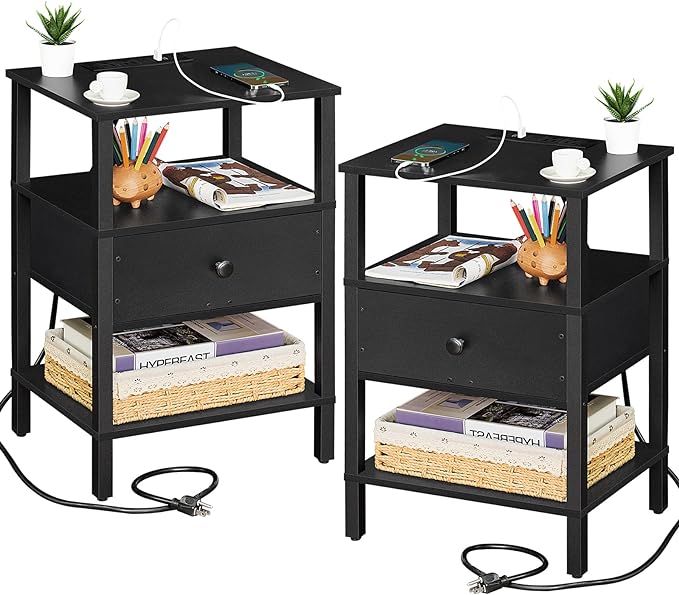 Lerliuo Nightstand Set of 2 with Charging Station and USB Ports, 3-Tier Storage End Table with Drawer Shelf, Night Stand for Small Spaces, Wood Bedside Table for Living Room, Bedroom - Classic Black - LeafyLoom