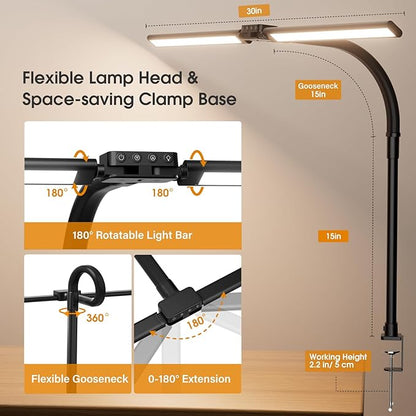 LED Desk Lamp with Clamp, Rotatable Architect Lamp for Home Office, Bright Computer Desk Light with Dimmable Color Brightness, Adjustable Desktop Lamp with Gooseneck, Double Head, Black - LeafyLoom