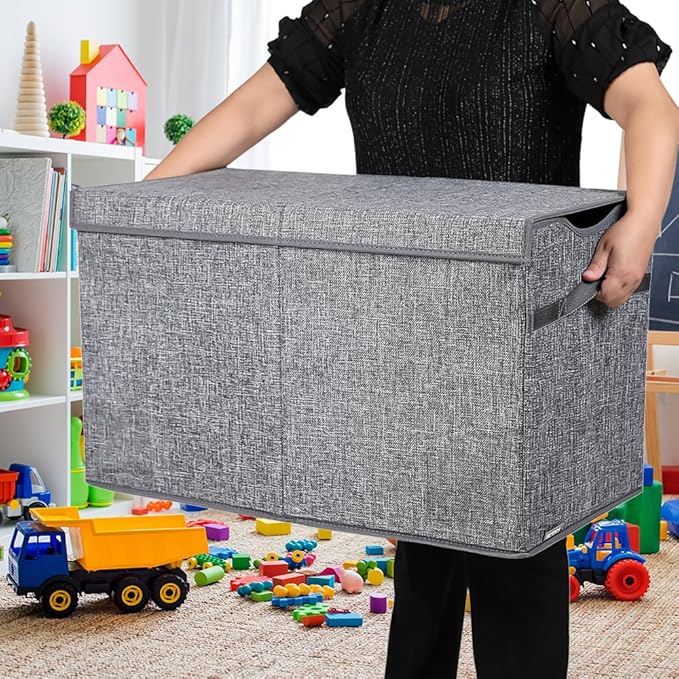 Toy Box Chest, Collapsible Sturdy Storage Bins with Lids, Extra Large Kids Toy Storage Organizer Boxes Bins Baskets for Kids, Boys, Girls, Nursery Room, Playroom, Closet (Linen Gray) - LeafyLoom