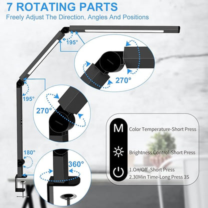 LED Desk Lamp with Clamp, Architect Desk Lamp with Dual Light and Adjustable Swing Arm, Clip-on Eye-Care 4 CCT Modes & 5 Brightness Levels Table Light Modern Desk Light for Home Office - LeafyLoom