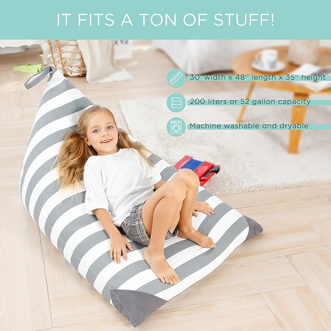 Aubliss Stuffed Animal Storage Bean Bag Chairs Cover, 50"x 35" Extra Large Bean Bags Chair for Kids Adults, Beanbag Toy Storage for Boys Girls - Premium Cotton Canvas Grey Stripe - LeafyLoom