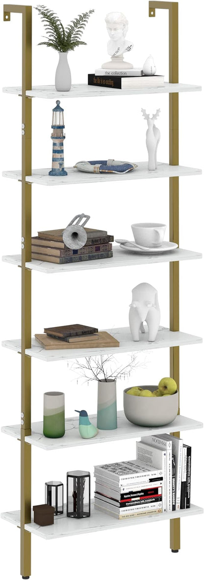 Ladder Shelf 6 Tiers Marble White Modern Bookshelf Open Tall Wall Mount Bookcase Standing Leaning Wall Shelves Industrial Decorative Living Room Bed Room - LeafyLoom