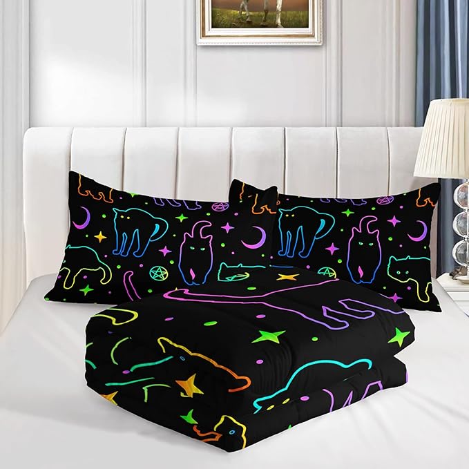 Black Cat Bedding Cartoon Cat Comforter Set Full,Moon Stars Printed Kids Bedding Set for Boys Girls Adults Room Decor,Kids Comforter Set All Season,1 Quilt 2 Pillow Cases,Neon Color Purple Blue Green - LeafyLoom