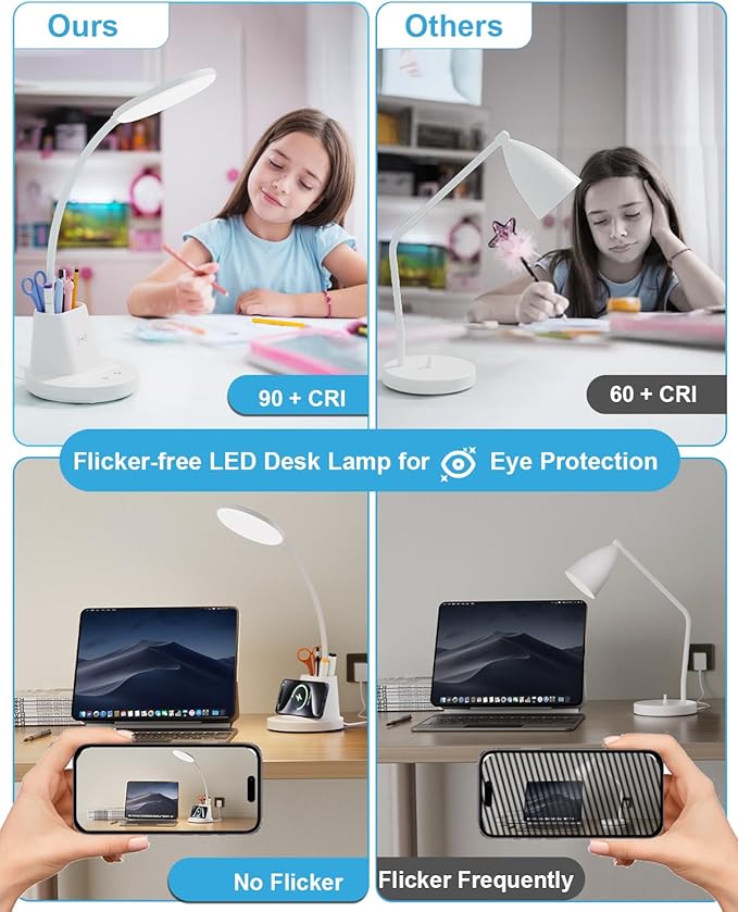 hansang LED Desk Lamp with Wireless Charger for Home Office, Stepless Dimmable, 3 Color Modes, Touch Control White Study Lamp for College Dorm Room, Pen Holder, CRI 90, 800 Lumen, Adapter Included - LeafyLoom