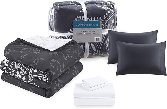 Comfort Spaces Bed in A Bag - Trendy Casual Design Cozy Comforter with Complete Sheet Set with Side Pocket, All Season Cover, Matching Shams, Queen(90"x90"), Ava Medallion Black 9 Piece - LeafyLoom