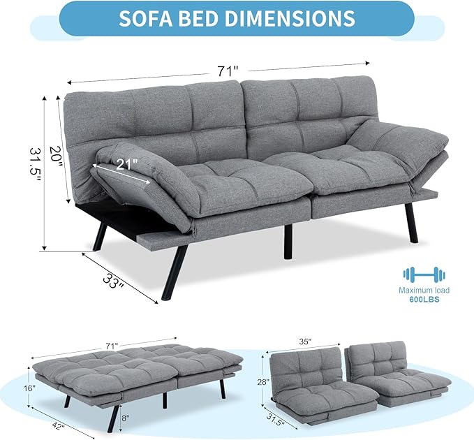 MUUEGM Futon Sofa Bed,Convertible 71" Couch Sofa, Modern Grey Sleeper Sofa with Adjustable Backrest for living room,Memory Foam Sofa Futon Couch Bed,Light Grey - LeafyLoom