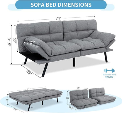 MUUEGM Futon Sofa Bed,Convertible 71" Couch Sofa, Modern Grey Sleeper Sofa with Adjustable Backrest for living room,Memory Foam Sofa Futon Couch Bed,Light Grey - LeafyLoom