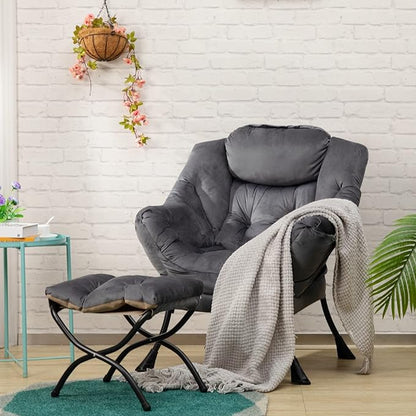 HollyHOME Fabric Lazy Chair with Foldable Ottoman, Accent Comfy Lounge Arm Chair and Folding Footrest Stool Set, Leisure Sofa Reading Chair and Footstool for Living Room, Bedroom, Dorm, Smoky Grey - LeafyLoom