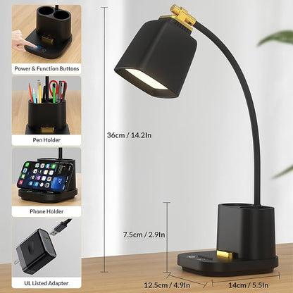 LED Desk Lamp with 2 USB Charging Port, 2 Pen Holders 3 Color Modes Dimmable Reading Light Desk Light, LED Small Desk Lamp Flexible Gooseneck Touch Table Lamp for Bedside Office Home, AC Adapter - LeafyLoom