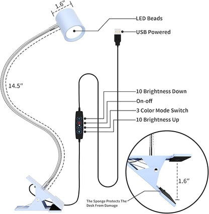 Dott Arts Desk Lamp,USB Clip On Light with 3 Color Modes,LED 10 Levels Brightness Reading Lamp, 360°Gooseneck Book Light,Eye-Care Reading Light for Home Office,Headboards Blue - LeafyLoom