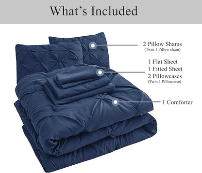 Lane Linen King Size Comforter Set, 7 Piece Bedding King Size, Pintuck King Bed in a Bag Set, Soft King Size Bed Set, Pinch Pleated King Size Comforter Set with Sheets, Pillowcases & Shams - Navy Blue - LeafyLoom