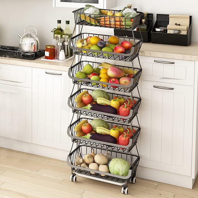 Wisdom Star 6 Tier Fruit Vegetable Basket for Kitchen, Fruit Vegetable Storage Cart/ Bins for Onions and Potatoes, Wire Storage Organizer Utility Cart with Wheels, Black - LeafyLoom