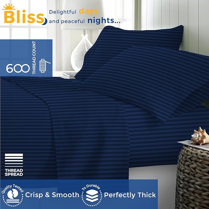 THREAD SPREAD Striped Egyptian Cotton Sheets Twin XL Size - 600 Thread Count 3 PC Damask Twin XL Sheets Deep Pockets, Sateen Weave College Dorm Bedding Twin XL, Fits Mattress upto 18" - Navy Blue - LeafyLoom