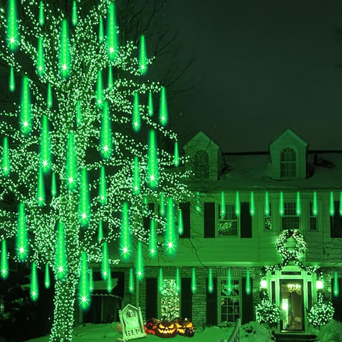 Halloween Lights Outdoor, Meteor Shower Lights Christmas Lights for Halloween Decorations, 8Tube 192LED Snow Falling Rain Icicle String Lights for Xmas Christmas Decor Tree Party,UL Plug Green Weepong