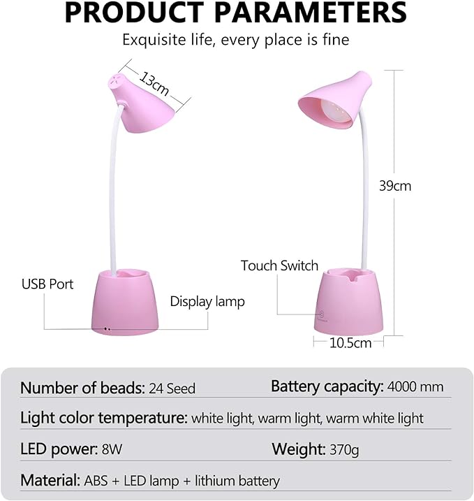 Desk Lamp LED, Desk Lamps with 3 Lighting Modes and Stepless Dimming, Desk Light 360 ° Flexible Gooseneck with Pen Holder & Mobile Phone Stand for Reading Kids Dorm (Pink) - LeafyLoom