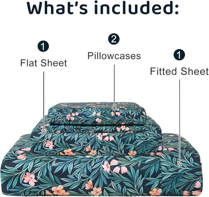 QSH Floral Egyptian Cotton Sheets King Size - Floral Bedding Sheets Botanical Pattern Printed Bedding King Size Bed Sheets 17.5" Extra Deep Pocket 4pcs - LeafyLoom