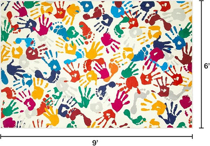 Large Colorful Kids Rug 6x9 Ft, Non-Slip Washable Rug for Classroom, Handprints and Footprints Rugs for Playroom, Soft Nursery Rug Indoor Play Mat for Kids Room Daycare School - LeafyLoom