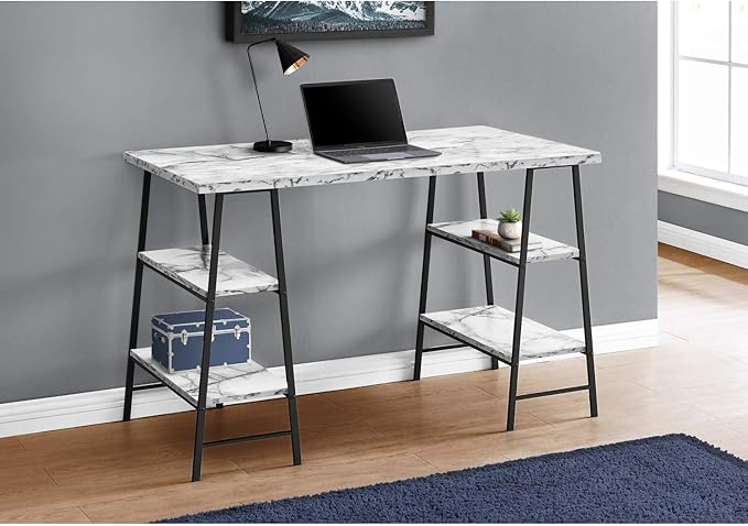 Monarch Specialties 7527 Computer Desk, Home Office, Laptop, Storage Shelves, 48" L, Work, Metal, Laminate, White Marble Look, Black, Contemporary, Modern Desk-48, 47.25" L x 23.75" W x 30" H - LeafyLoom