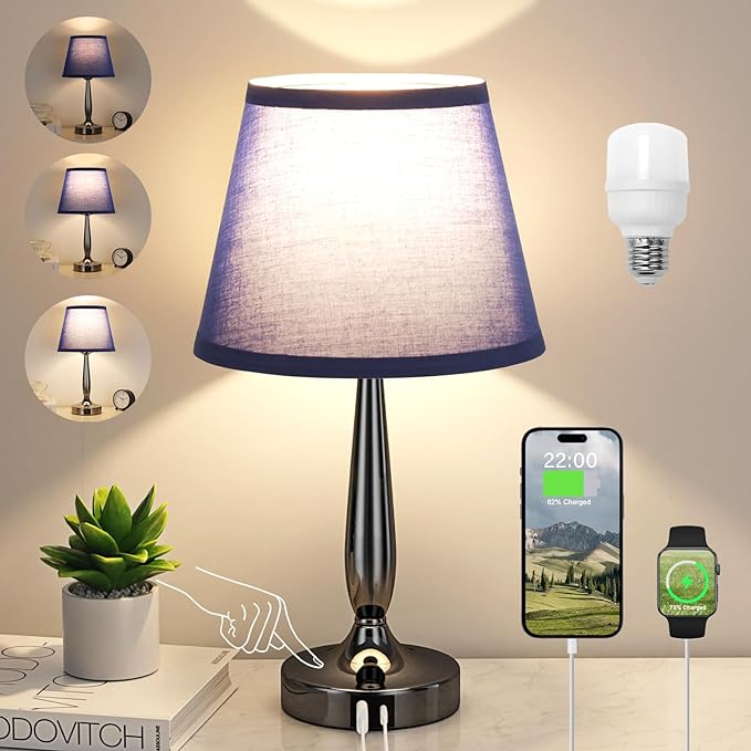 Kakanuo Touch Bedside Lamp for Bedroom with USB C Port, Small Touch Table Lamp with 2 USB Charging Ports, 3 Way Dimmable Nightstand Lamp for Living Room and Office - Royal Blue (LED Bulb Included) - LeafyLoom