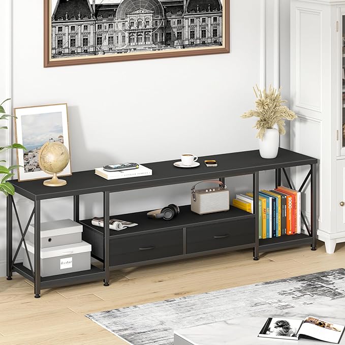 TV Stand with Fabric Drawers for 65 70 75 Inches TV - Entertainment Center and Industrial TV Console Table with Open Storage Shelves for Living Room, Bedroom - 63.5" Black - LeafyLoom