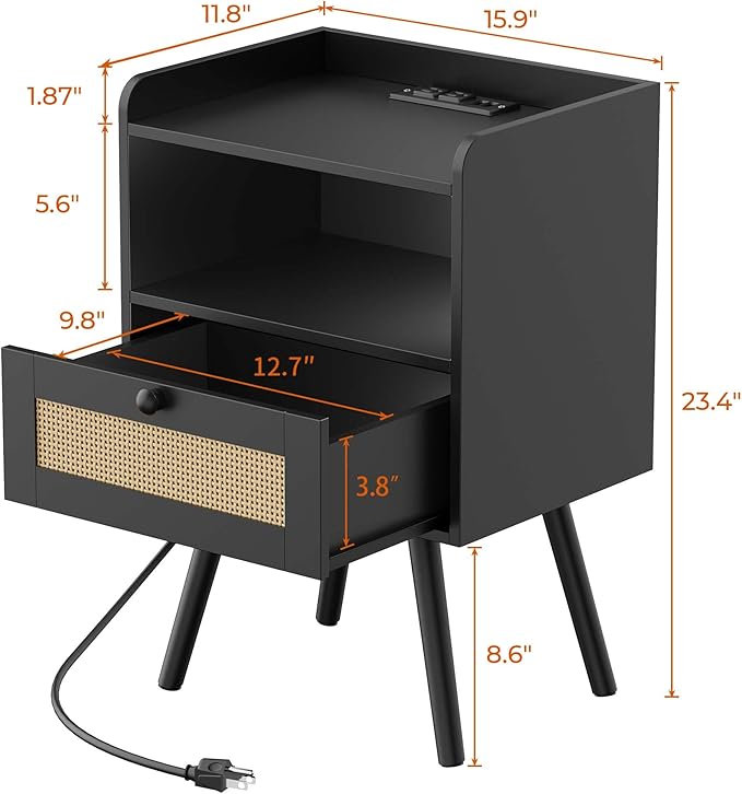 SUPERJARE Nightstands with Charging Station, Bedside Table Set of 2 with PE Rattan Drawers, Rattan Side Table with Storage & Solid Wood Feet, End Table for Bedroom, Black - LeafyLoom