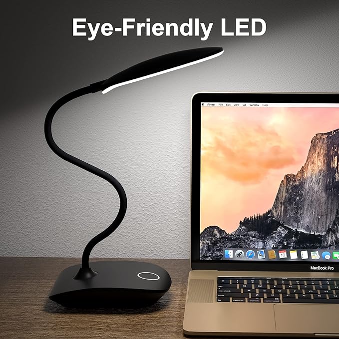 DEEPLITE Battery Operated Desk Lamp, LED Desk Light 3 Lighting Modes Stepless Dimming, Table Lamp 5W Touch Control Eye Caring, Flexible Gooseneck, Portable Reading Light for Dorm Study Office Bedroom - LeafyLoom