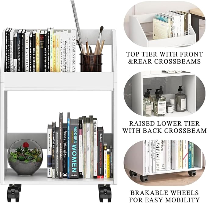 2-Tier Mobile Bookshelf, White Bookcase with Wheels, Rolling File Holder Desk File Book Organizer for Home Office Living Room School - LeafyLoom