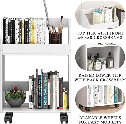 2-Tier Mobile Bookshelf, White Bookcase with Wheels, Rolling File Holder Desk File Book Organizer for Home Office Living Room School - LeafyLoom