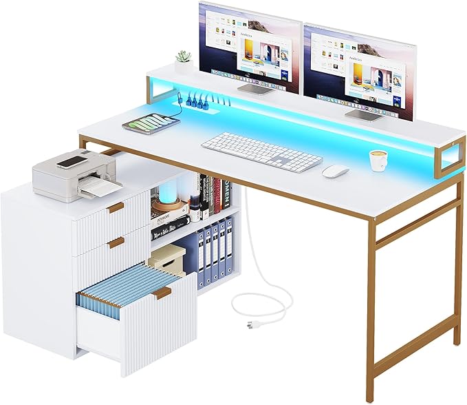 YITAHOME L Shaped Desk with Drawers, 55" Corner Computer Desk with Power Outlets & LED Lights, Large L-Shaped Office Desk with File Cabinet, White & Gold - LeafyLoom