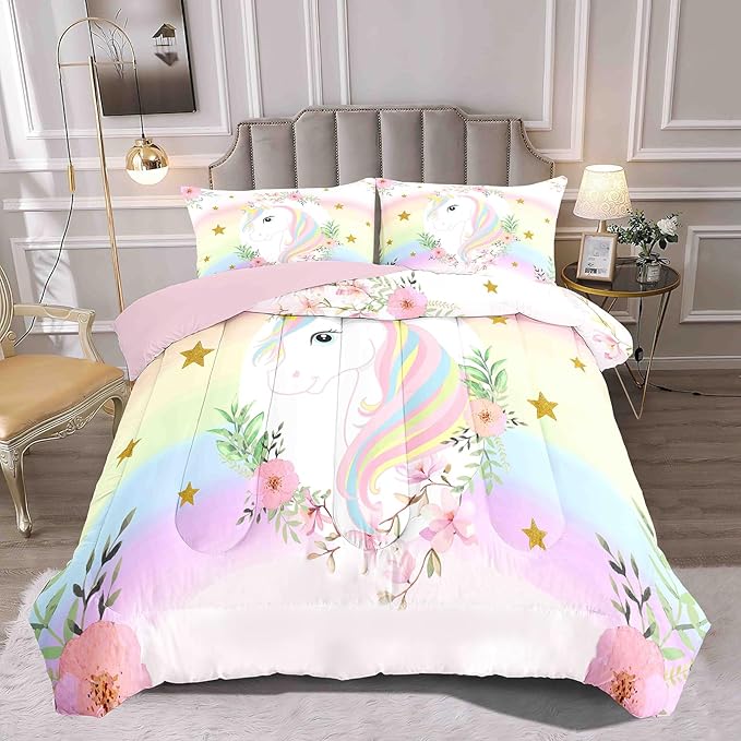 Kids Comforter Bedding Set 3 Piece Super Soft Breathable Print Kids Bedding Sets for Girls, Machine Washable Durable Comforter Set with Comforter, 2 Pillowcases Flowers Stars (Twin,Unicorn) - LeafyLoom