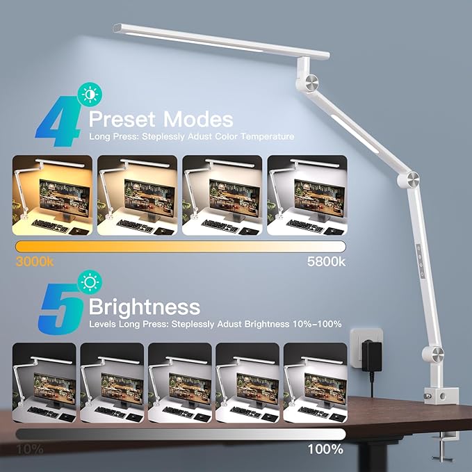 LED Desk Lamp, Desk Light for Home Office, Dual Light Source 18W Brightest, Eye-Caring Optical Lens, Office Lamp, 5 Color Modes & Brightness, Aluminum Alloy Drafting Light, Clamp Lamp, White - LeafyLoom