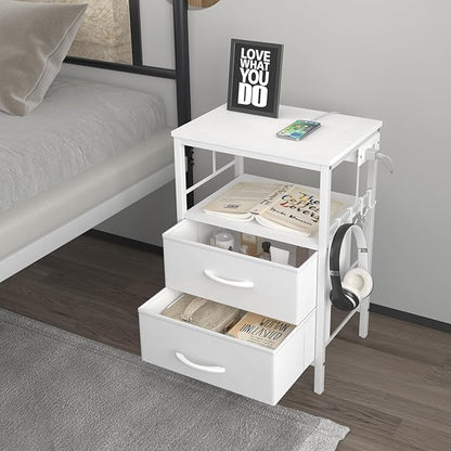 Nightstand with Charging Station, Side Table with Fabric Drawers and Open Shelf, Night Stand for Bedroom Decor, Bedside Table with USB Ports & Outlets (White,1) - LeafyLoom