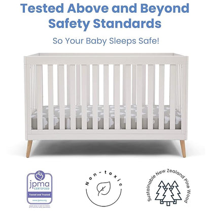 Delta Children Essex 4-in-1 Convertible Baby Crib, Bianca White with Natural Legs + Delta Children Twinkle Galaxy Dual Sided Recycled Fiber Core Crib and Toddler Mattress (Bundle) - LeafyLoom