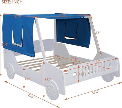 Twin Size Kids Car Bed with Tent Canopy & Wheels,Wood Bedframe W/Safty Grille,Raised Base Design,Easy to Assemble,Toddler Boys Bedroom Car-Shaped Beds for Reading Playing Relaxing,Natural - LeafyLoom