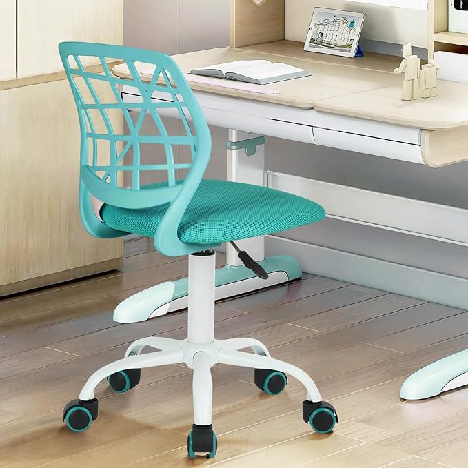 FurnitureR Kids Desk Chair, Armless Office Chair Small Adjsutable Swivel Task Chair with Soft Cushion for Study Kids Teens Child, Turquoise - LeafyLoom