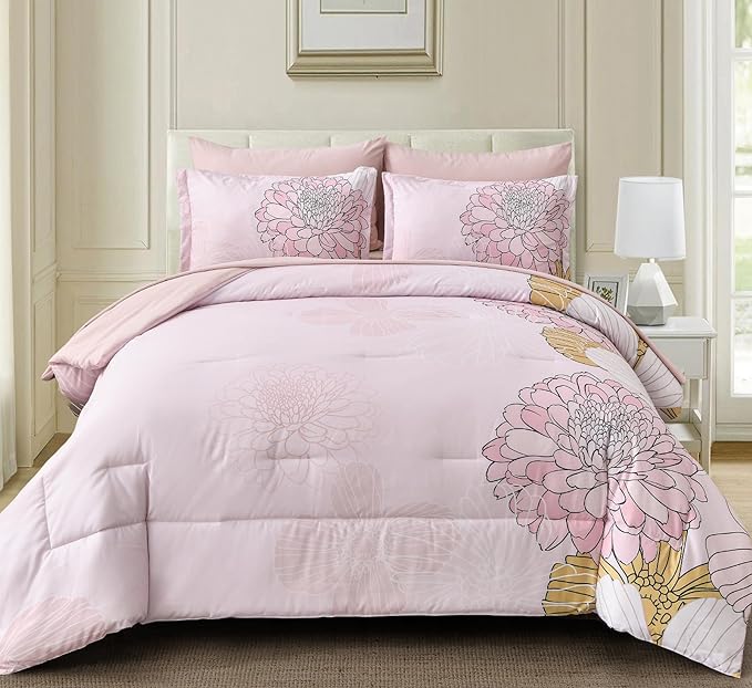 Yiran Bed in a Bag 7 Pieces Pink Colorful Floral Comforter Set Queen Size Soft Microfiber Bedding Set with Comforter,Sheets, Pillowcases & Shams 90"×90" - LeafyLoom