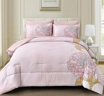 Yiran Bed in a Bag 7 Pieces Pink Colorful Floral Comforter Set Queen Size Soft Microfiber Bedding Set with Comforter,Sheets, Pillowcases & Shams 90"×90" - LeafyLoom