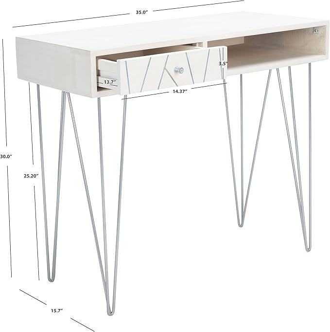 Safavieh Home Office Collection Marigold White Wash and Silver 1-Drawer Hairpin Leg Desk, 0 - LeafyLoom