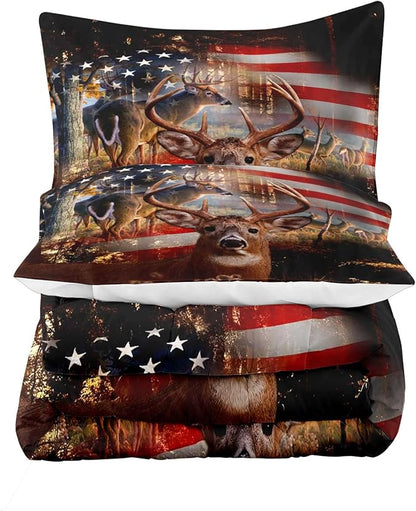 LUVIVIHOME 3PCS Camo Hunting Comforter Set, Deer Comforter King Size, Patriotic American Flag Hunter Woodland Forest Animal Elk Moose Wildlife Cabin Lodge Country Rustic Bedding Quilt, 2 Pillow Shams - LeafyLoom