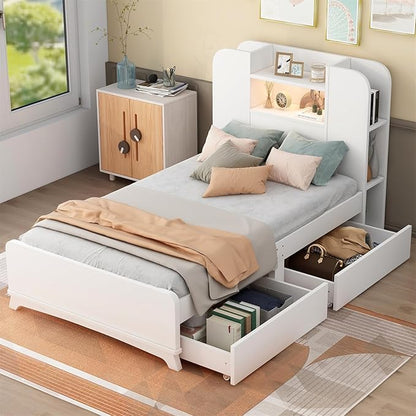 Merax Twin Bed Frame with Shelves and Storage Drawers Underneath,White Twin Size Platform Bed with Headboard and Light - LeafyLoom