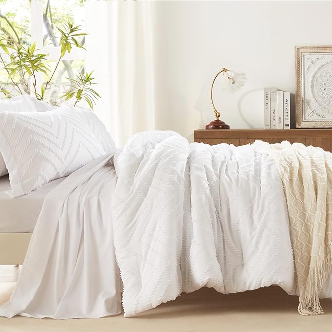 Anluoer Queen Comforter Set, White Tufted Bed in a Bag 7 Pieces with comforters and sheets, All Season Bedding Sets with 1 Comforter, 2 PillowShams, 2 Pillowcases, 1 Flat Sheet, 1 Fitted Sheet - LeafyLoom