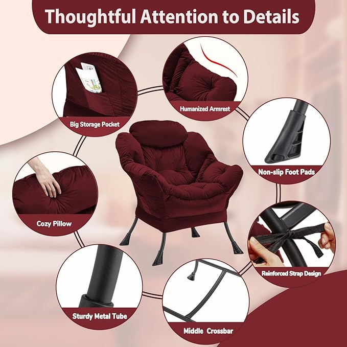 Lazy Chair Thick Padded, Accent Chair Velvet Upholstered with Wide Seat, Stable Metal Frame and Non-Slip Pad, Modern Sofa Armchair with Side Storage Bag for Dorm, Room, Office, Burgundy - LeafyLoom