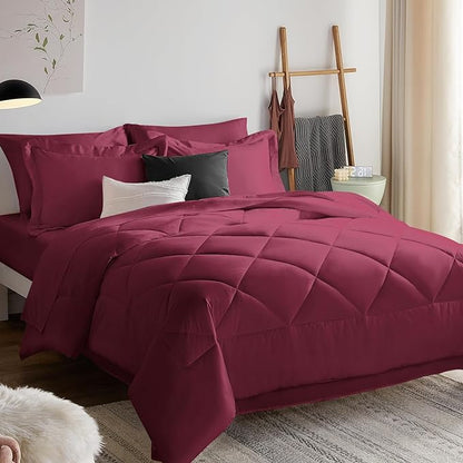 CozyLux Full Comforter Set with Sheets 7 Pieces Bed in a Bag Burgundy All Season Bedding Sets with Comforter, Pillow Shams, Flat Sheet, Fitted Sheet and Pillowcases, Red, Full - LeafyLoom