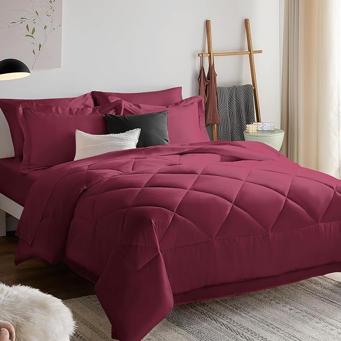 CozyLux King Comforter Set with Sheets 7 Pieces Bed in a Bag Burgundy All Season Bedding Sets with Comforter, Pillow Shams, Flat Sheet, Fitted Sheet and Pillowcases, Red, King - LeafyLoom